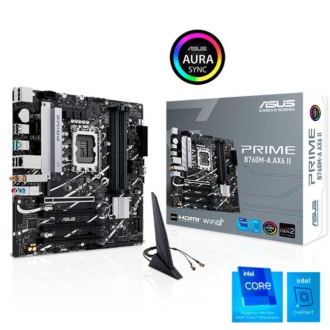 Placa Madre ASUS PRIME B760M-A AX6 II Intel B760 LGA1700 DDR5 192GB WiFi 6 Bluetooth 5.3 mATX