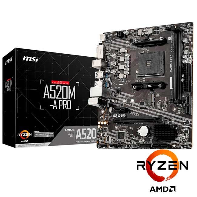 Placa Madre MSI A520M-A PRO mATX, Socket AM4, DDR4 64GB, M.2, SATA 6Gb/s, LAN Gigabit, HDMI, DVI-D
