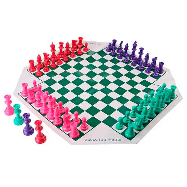 Set de Ajedrez para 4 Jugadores | Tablero Enrollable 60x60 cm de Nylon Verde | 4 Sets de Piezas