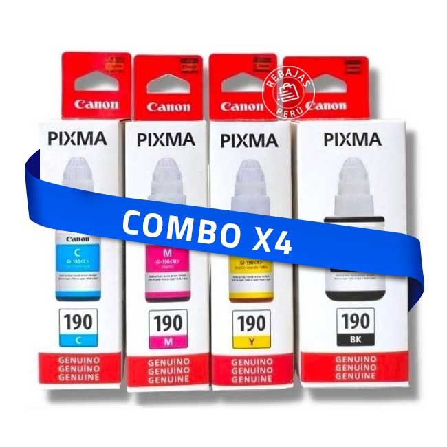 Set Tinta Canon GI-190 Negro Cian Magenta Amarillo Alto Rendimiento