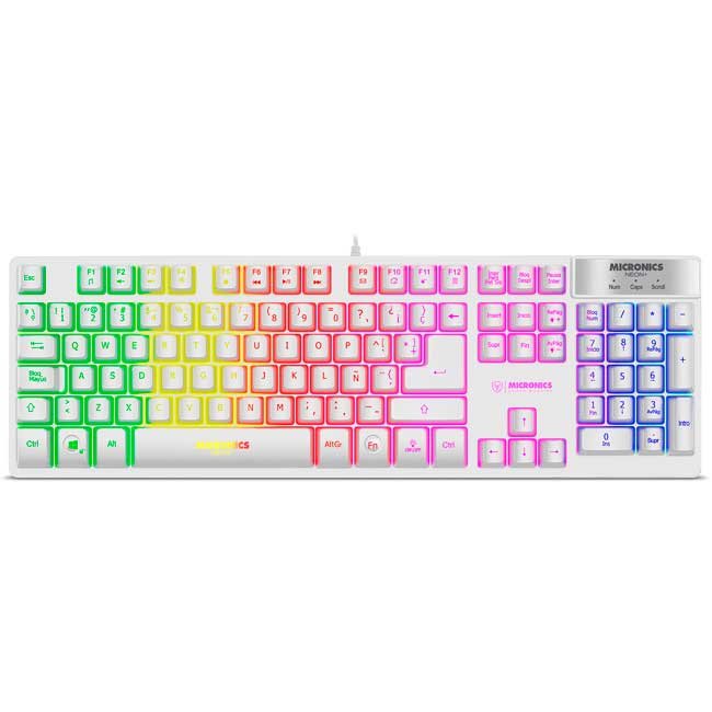 Teclado Gamer Micronics Neon+ MIC K709W Blanco USB LED Rainbow Base Metálica Español
