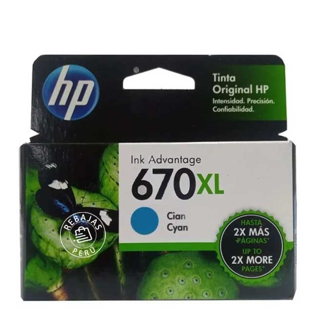Tinta HP 670XL Cyan Original CZ118AL de Alto Rendimiento 750 pág
