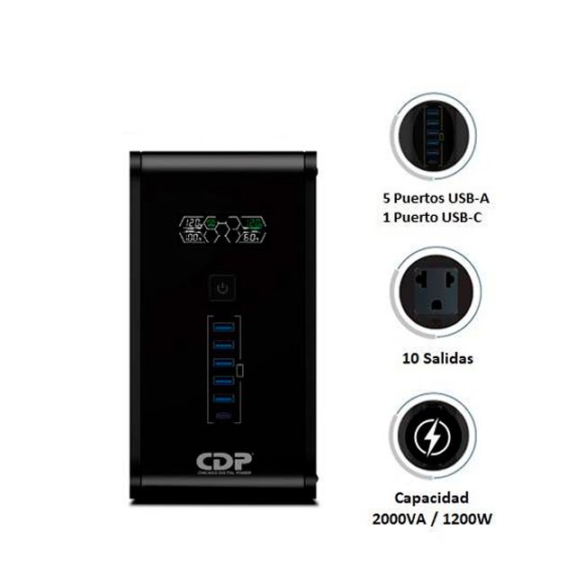 UPS CDP R-SMART 2010I 2000VA / 1200W con 10 Salidas, 5 Puertos USB-A y 1 USB-C – Respaldo y Protección Inteligente