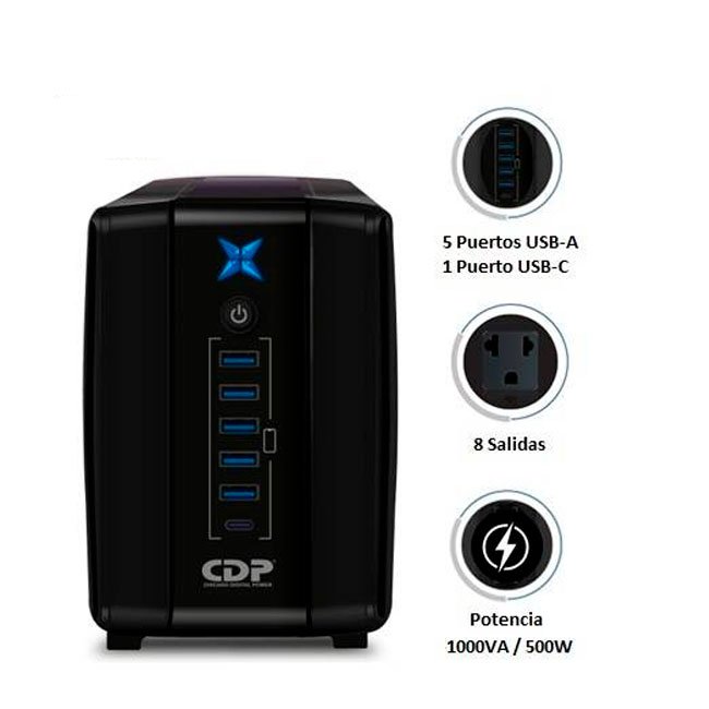 UPS CDP 1000VA R-UPR1008I – 8 Salidas, USB, Tipo C, Autonomía 40 Min | Protección Eléctrica