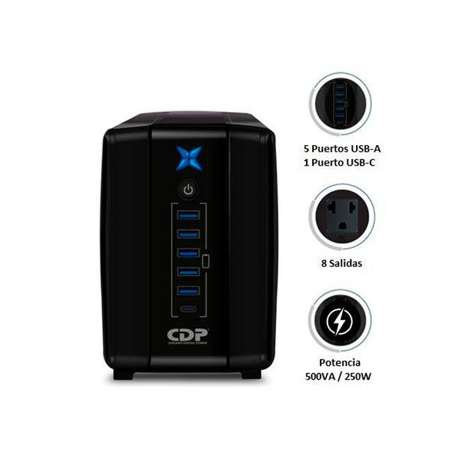 UPS CDP R-UPR508I 500VA/250W | 8 Salidas + 5 USB + 1 Tipo C | Autonomía 20 min | Negro