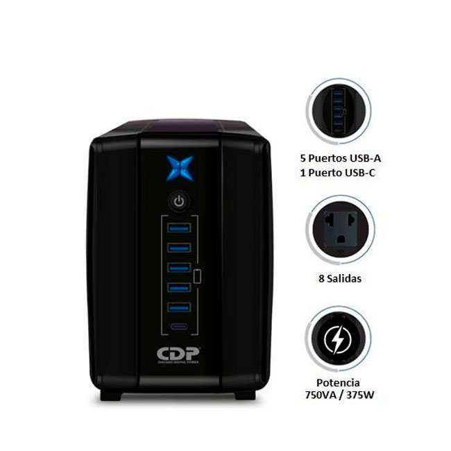 UPS CDP R-UPR758I 750VA/375W | 8 Salidas + 6 Puertos USB | Autonomía 20 Minutos
