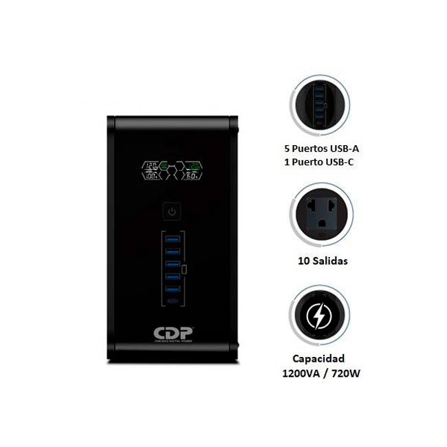 UPS CDP R-SMART 1210I 1200VA | 10 Salidas + 6 Puertos USB | Protección Energética Inteligente