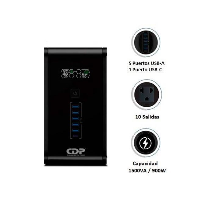 UPS CDP R-SMART 1510I 1500VA / 900W con 10 Salidas, 5 USB-A y 1 USB-C – Protección Eléctrica Avanzada